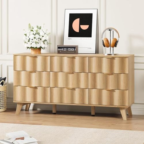 9 Drawer Dresser, Modern Fluted Storage Dresser with Deep Drawers and Metal Handles, Wood Chest of Drawers Storage Organizer for Bedroom, Living Room, Hallway (Walnut)