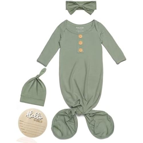 Baby Noah Newborn Knotted Gown, Ultra-Soft Silky Long Sleeve Sleeper, Unisex Coming Home Outfit Set With Wooden Name Sign