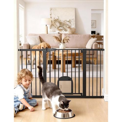 Babelio Baby Gate with Cat Door, CatPrivilege Ⅲ, Extra Wide 29-55" Cat Gate, 30" Tall Pressure Mounted Safety Gate for Large Openings, Stairs & Doorways, Auto Close, Black