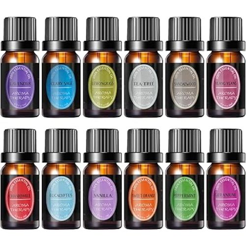 100% Natural Pure Essential Oils Set - Top 12 Organic Undiluted Oils for Aromatherapy Diffuser Plant Therapy,Candle Making,Laundry Fragrance,Humidifiers,Skin Care (0.33 Fl Oz 12 Pack)