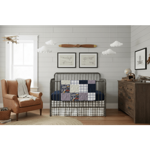 Vintage Airplane Boy Crib Bedding | Gray Check & Navy Minky Nursery | DBC Baby Bedding Co – DBC Baby Bedding Co