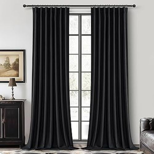 100% Blackout 100 Inch Long Black Curtains for Bedroom 2 Panels Set, Modern Pleated Lush Decor Curtain Rod Pocket Black Boho Insulated Soundproof Large Window Heavy Linen Drape 50" Wx100 L