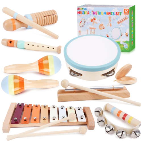 Wooden Musical Instruments for Toddlers 1-3 - Montessori Educational Toys for 1 2 3 Year Old Baby Kids, with Xylophone, One 1st 2st Christmas Birthday Gifts for Girls Boys
