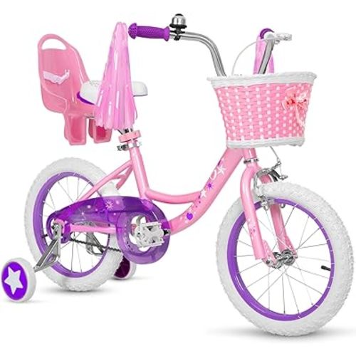 WEIZE Girls Bike for 3-12 Years Old Kids, 14 16 20 Inch Kids Bike with Training Wheels, Streamers, Basket and Doll Seat, Children Bicycles with Coaster Brake, Multiple Colors