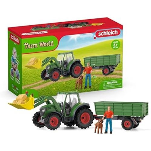 Schleich Farm World - 7 PC Green Tractor with Trailer Toy Playset with Farmer and Dog Figurine for Boys and Girls - Ranch Farming Figures - Farm Equipment Toys for Kids and Toddlers Ages 3+