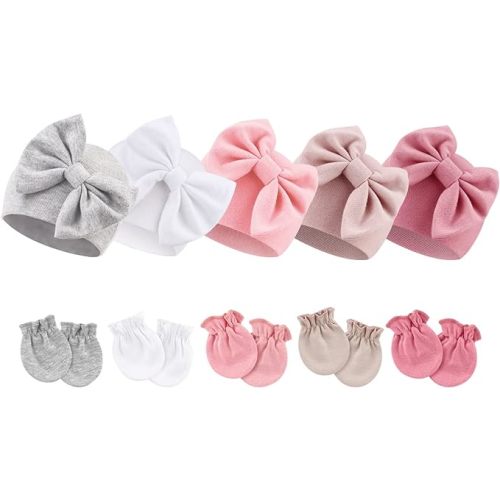 BQUBO Newborn Baby Girls Hats Mittens Set Hospital Hat Beanie Infant Bow Hats Baby Cotton Gloves for 0-6 Months