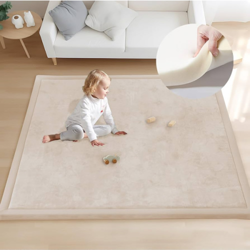 ACOMOPACK Baby Play Mat for Floor 1.3" Thick Memory Foam 50x50 Soft Velvet Playpen Mat for Kids,Infants,Toddlers,Tummy Time Crawling Mats with Non-Slip Bottom,Yoga,Tatami,Nursery Rug（Beige）
