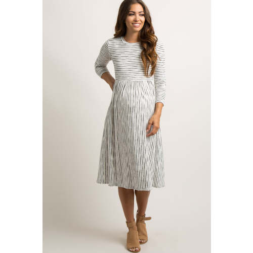 Ivory Ribbed Striped Maternity Midi Dress