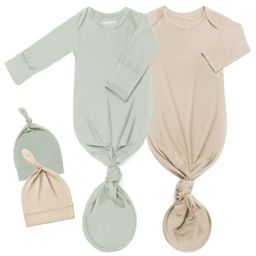 2Pk Newborn Baby Knotted Gown, Super Soft Silky Infant Long Sleeve Sleeper for Baby Sleeping with Hat Light Green & Apricot (2 Packs, Size Newborn)