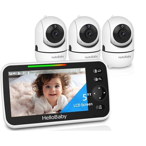 HelloBaby HB6550 5" Baby Monitor 3 Cameras, 26-Hour Battery, Pan-Tilt-Zoom,1000ft Range Video Audio Baby Monitor No WiFi, ECO, Night Vision, 2-Way Talk, 8 Lullabies and Temperature, Ideal Gifts