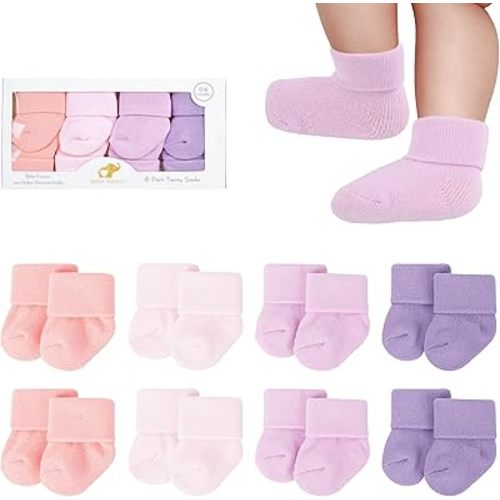 8 Pairs Newborn Socks Thick Cotton Terry Turn Cuff Baby Socks 0-6 Months Cute Gifts for Preemie Infant Girl Boy