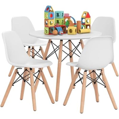 HONEY JOY Kids Table and Chairs, 5 PCS Mid-Century Modern Style Kids Activity Set w/Wood Legs, Metal Frame, for Dining Drawing Playing, Toddler Round Table and Chairs (White, 4 Chairs & Table)