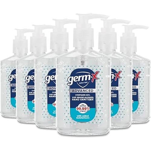 Germ-X Advanced Hand Sanitizer, 8 Fl Oz (Pack of 6), Less Drying Moisturizing Clear Gel, No Rinse Formula, Pump Bottle