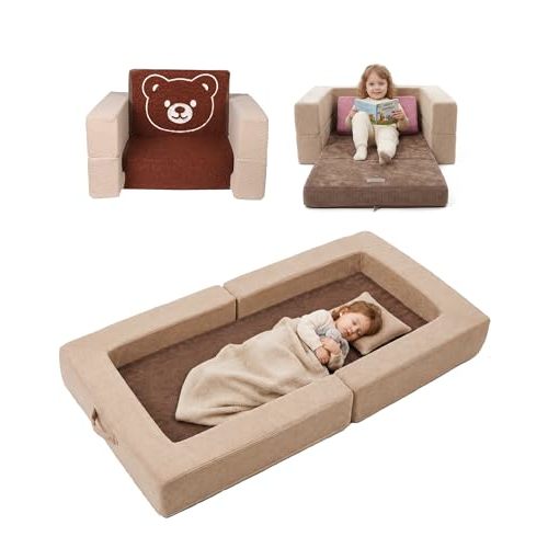Toddler Travel Sofa Bed with Bear Pattern, 3-in-1 Convertible Toddler Sofa Bed, Portable Soft Foam Kids Couch Sofa/Chair, Toddler Floor Bed & Flip Open Sofa Lounger for Play, Reading, Medium