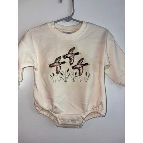 Embroidered Ducks Sweatshirt Romper | pink or blue detail on ducks