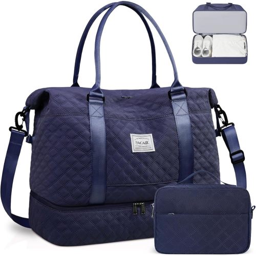 BAGAIL Travel Duffel Bag, Weekender Bags for Women, Overnight Gym Carry On Tote Bag with Wet Pocket, Hospital Mom Bag for Labor and Delivery - Extra Large Set, Grid-Navy Blue