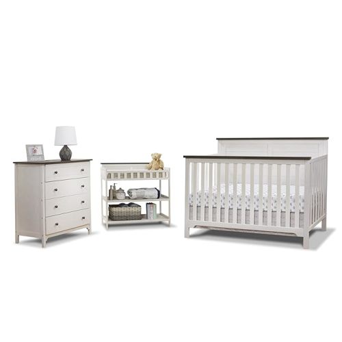 Sorelle Furniture Farmhouse 3-Piece Nursery Set with 4-in-1 Convertible Crib, 4-Drawer Dresser, and Changing Table with Shelves, Baby Furniture Made of Wood, Non-Toxic Finish-Weathered White