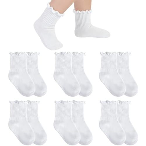 6 Pairs Baby Infant Toddler Girls Ruffle Socks Cute Soft Cotton School Uniform Frilly Dress Crew Socks Little Kids
