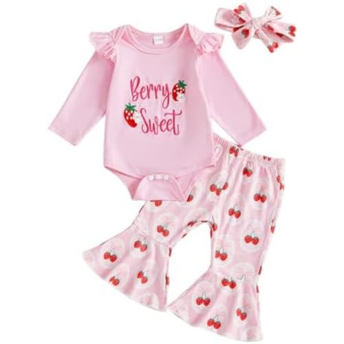 Baby Girl First Birthday Outfit Long Sleeve Berry Sweet Romper+Strawberry Flare Pants+Bow Cake Smash Fall Clothes