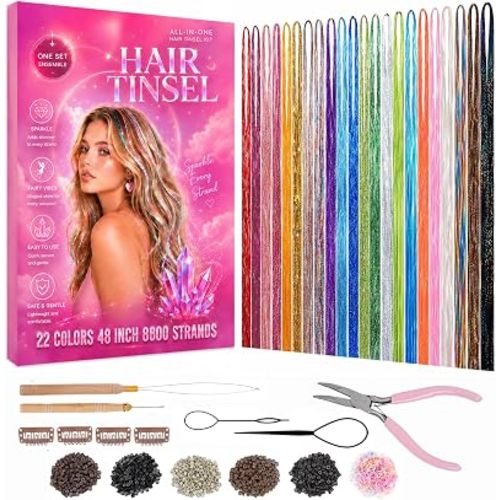 LUKYMART Hair Tinsel Kit, 22 Colors Fairy Hair Tinsel 48 Inch 8800 Strands Heat Resistant Glitter Hair Extensions with Tools for Girls Women, Sparkly Hair Accessories for Party Birthday Christmas