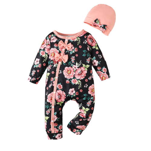 Newborn Baby Girl Clothes Baby Girls One-piece Romper Newborn Girls Long Sleeve Floral Bodysuit with Hat 2PCS Set Black 0-3 Months
