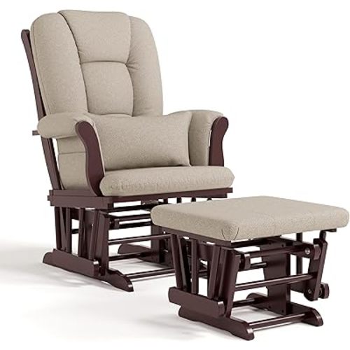 Storkcraft Tuscany Custom Glider and Ottoman with Free Lumbar Pillow (Espresso/Taupe Swirl) - Cleanable Upholstered Comfort Rocking Nursery Chair with Ottoman