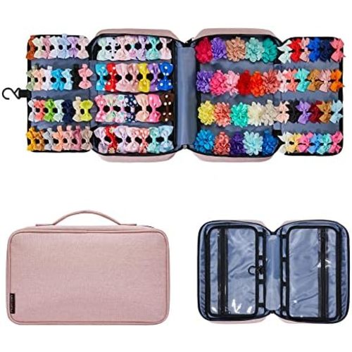 Hair Accessories Organizer for Girls, Hair Accessories Storage Bag, Hair Bow Storage Organaizer for Girls with Multi-Compartments, Baby Hair Accessories Organizer for Travel (Pink)