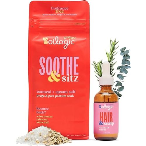 Oilogic Postpartum Bundle 2-Pack Includes Soothe & Sitz Oatmeal Epsom Salt Bath Soak + Hair & Scalp Essential Oil Serum - Pregnancy & Postpartum Care Kit with Natural Formulas for Soothing Relaxation