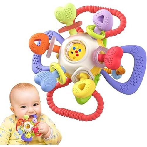 Soft Baby Teething Toy with Rattle, BPA Free Silicone, 0-12 Months