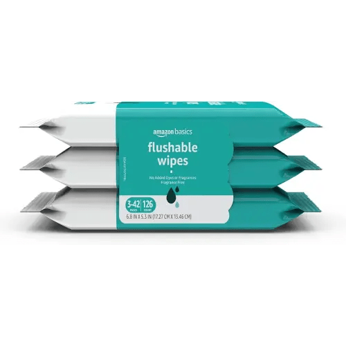 Amazon Basics Adult Wet Wipes Flushable Fragrance Free, 126 Count (3 Packs of 42) Packaging May Vary