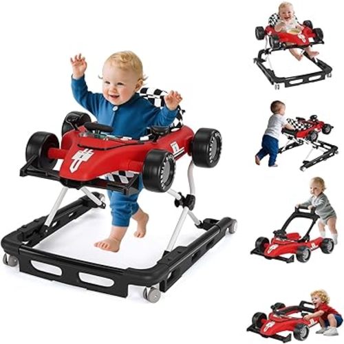 Baby Walker with Wheels, 4-in-1 Baby Walker for Boys Girls Foldable Activity Walker with Adjustable Height Toddler Infant Walker with Music and Lights Walker for Baby 6-24 Months, Red