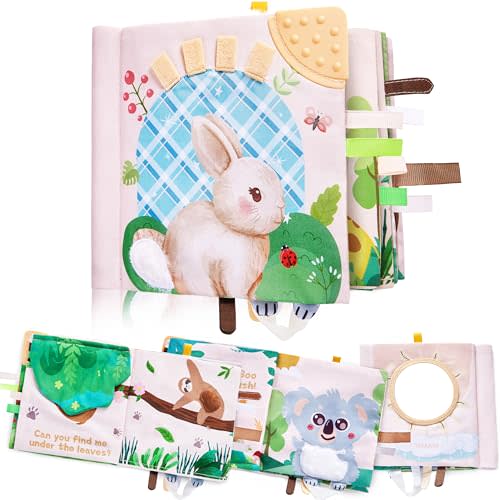 Yeeeasy Baby Soft Book with Teether & 3D Textured Tails, Touch and Feel Crinkle Sensory Toys for Newborns 0-6-12 Months, Montessori Stroller Toy for Boys Girls
