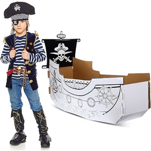 Eaasty Halloween Coloring Pirate Ship Cardboard Boat Playhouse for Kids Crafts DIY Large Kids Outdoor Playhouse Toy for Toddlers to Color Pirate Halloween Party Decorations 35.4 x 14 Inch