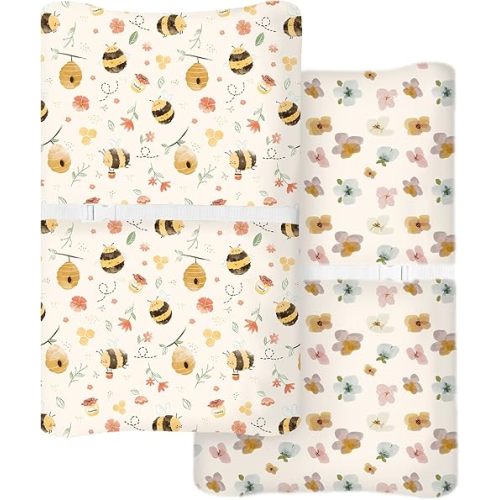 Changing Pad Cover for Baby Boys Girls 2 Pack, Fits Standard 32”×16” Changing Table Pads, Silky Breathable Stretch Knit, Machine Washable (Bee Happy)