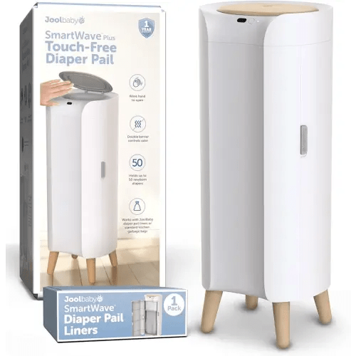 Jool Baby SmartWave Plus Diaper Pail & Refill – Motion Sensing Lid with Odor Lock – Compatible with Regular Trash Bags – Holds up to 50 Newborn Diapers