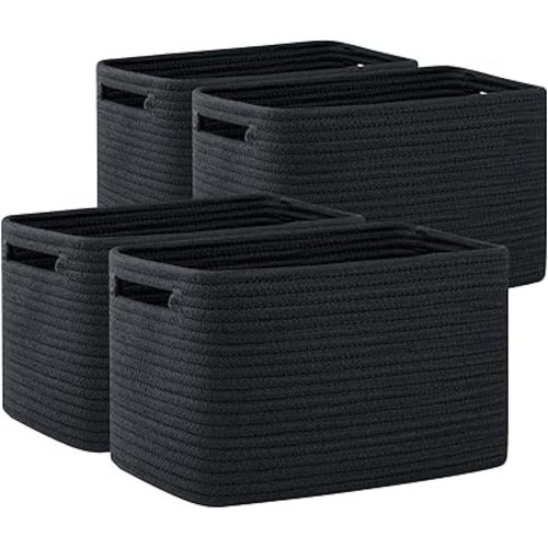 OIAHOMY 4 Pack Storage Baskets for Organizing, Cube Storage Bins for Shelves, Rectangle Storage Baskets With Handles, Woven Baskets for Storage, 16''Lx12''Wx8''H, Black