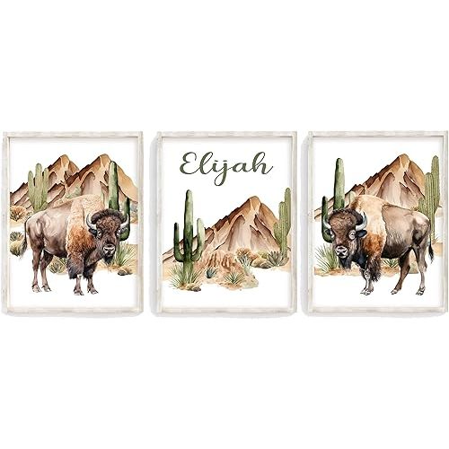 Personalized Watercolor Buffalo Nursery or Bison Little Boys Room Set of 3 Unframed Prints, Rustic Outdoor Cactus Boho Themed Decor