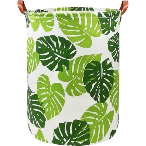 Round Fabric Collapsible Storage Basket with Handles, Round Leaf