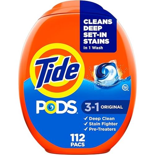 Tide PODS laundry detergent pacs, 3-in-1 Stain Remover, Odor Fighter, Color Protector, 112 Count, HE compatible, Original Scent