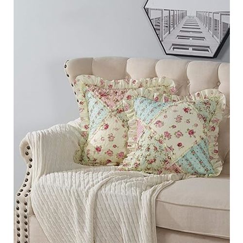 Brilliant Sunshine Pink & Green Roses Ruffle Pillowshams Set, 18"x18"