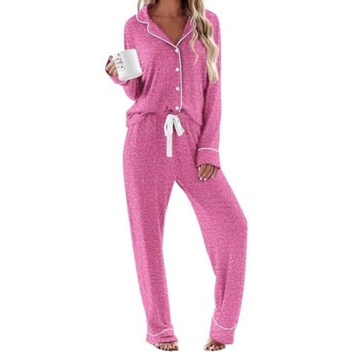 Ekouaer Women's Pajamas Long Sleeve Sleepwear Casual Button Down Loungewear Soft Pjs Set S-XXL