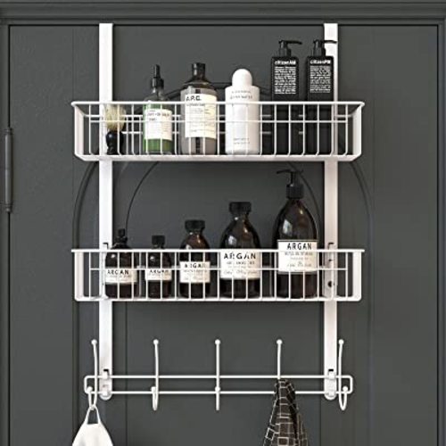 Over The Door Hooks, Door Hanger Towel Rack with 5 Coat Hooks & 2 Mesh Basket, Over Door Organizer for Bathroom, Bedroom, Kitchen, Office, Easy Installation, White