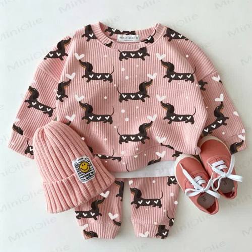 Baby Daschund & Heart Print Pink Waffle 2-piece Set