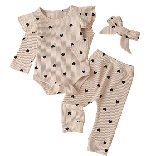 Fullfamous Baby Girl's 3pc Rib Frill Long Sleeve Romper and Pant Set