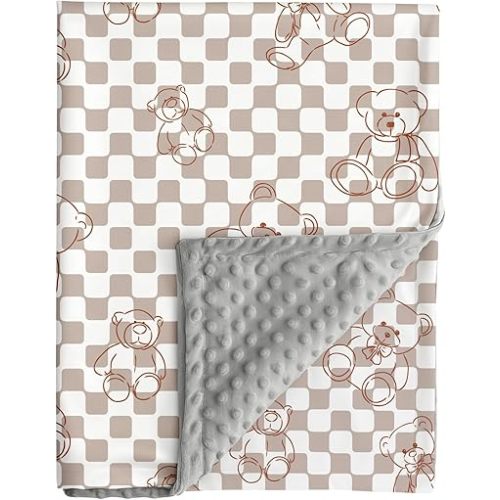 Bear and Buffalo Check Plaid Baby Blanket Gender Neutral Blankets for Newborn Baby Girls or Boys Nursery Toddler Double Layer Blanket with Dotted Backing and Bear Printed (Bear 3)