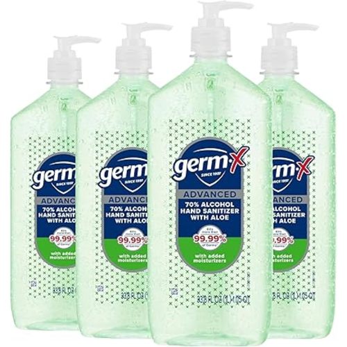Germ-X Advanced Hand Sanitizer with Aloe and Vitamin E, 1 Liter (Pack of 4), Less Drying Moisturizing Gel, No Rinse Formula, Pump Bottle