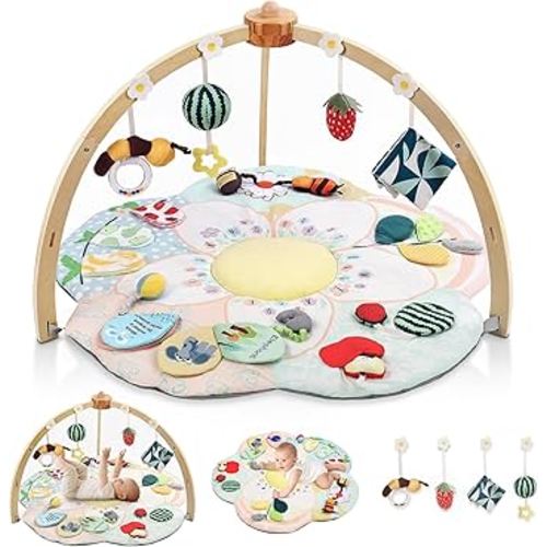 Baby Play Gym & Activity Mat, 5 Developmental Zones Tummy Time Mat with 4 Detachable Sensory Toys, Early Skills & Sensory Development Mat, Newborn Essentials Baby Shower Gift