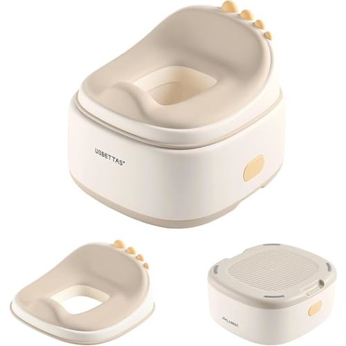 3 in 1 Potty Training Toilet, Dinosaur Toddler Potty Training Seat for Boys Girls with Comfortable Cushion, Easy-to-Clean and Anti-Slip Potty Training Step Stool for Toilet (Beige)
