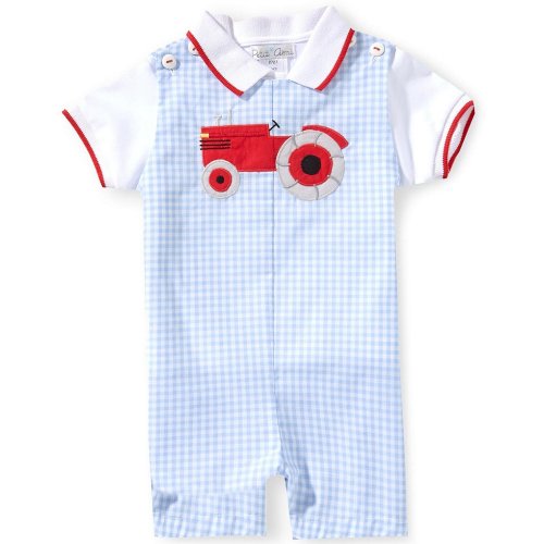 Petit Ami Baby Boys Sleeveless Checked Tractor-Appliqued Shortall & Short-Sleeve Polo Shirt Set