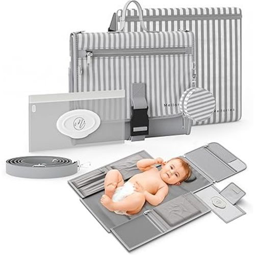 Portable Diaper Changing Pad - Large, Waterproof Travel Changing Pad for Baby with Extra Storage, Wipes Pocket & Pacifier Case - Portable Diaper Changing Station - Gray Striped
